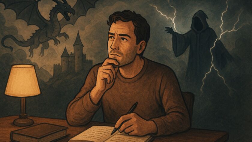 Um escritor sentado à mesa escreve em um caderno iluminado por uma pequena luminária. Ele mantém a mão no queixo, em expressão pensativa. Atrás dele, em tonalidades escuras, surgem figuras imaginárias: um dragão sobrevoando um castelo e um mago encapuzado lançando relâmpagos. A cena mistura o real e o fantástico, representando o processo criativo do autor.