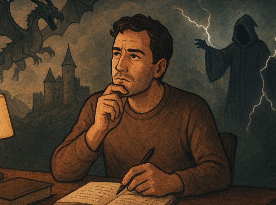 Um escritor sentado à mesa escreve em um caderno iluminado por uma pequena luminária. Ele mantém a mão no queixo, em expressão pensativa. Atrás dele, em tonalidades escuras, surgem figuras imaginárias: um dragão sobrevoando um castelo e um mago encapuzado lançando relâmpagos. A cena mistura o real e o fantástico, representando o processo criativo do autor.