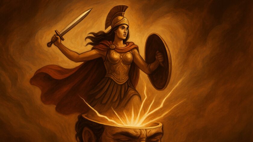 Ilustração em tons quentes, inspirada na mitologia grega, mostrando uma figura masculina com a cabeça parcialmente aberta no topo, de onde emerge Atena já adulta. A deusa usa armadura, elmo, escudo e espada, irradiando luz e energia enquanto se ergue. O fundo é composto por nuvens douradas e movimento sutil, transmitindo a ideia de nascimento, inspiração e força criativa.