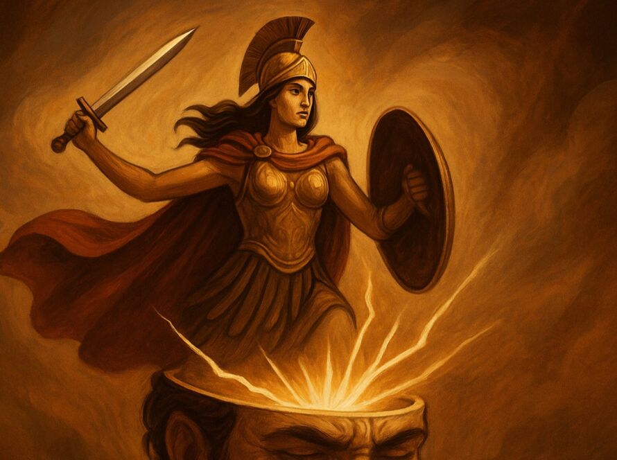 Ilustração em tons quentes, inspirada na mitologia grega, mostrando uma figura masculina com a cabeça parcialmente aberta no topo, de onde emerge Atena já adulta. A deusa usa armadura, elmo, escudo e espada, irradiando luz e energia enquanto se ergue. O fundo é composto por nuvens douradas e movimento sutil, transmitindo a ideia de nascimento, inspiração e força criativa.