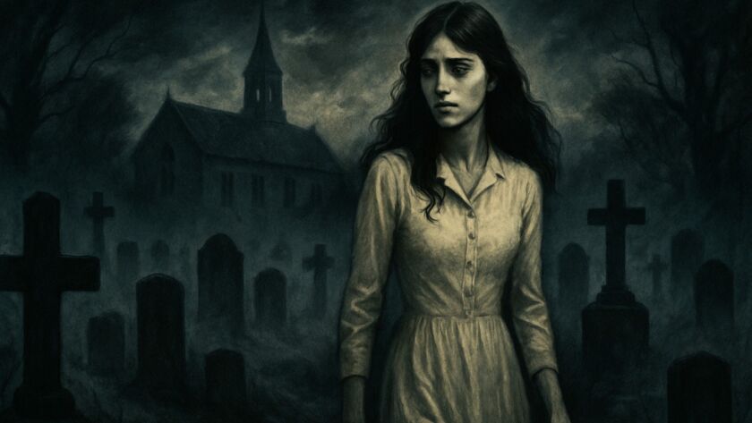 Ilustração da lenda A Dama do Cemitério, inspirada em um amor proibido entre catequista e padre em Barra Mansa.