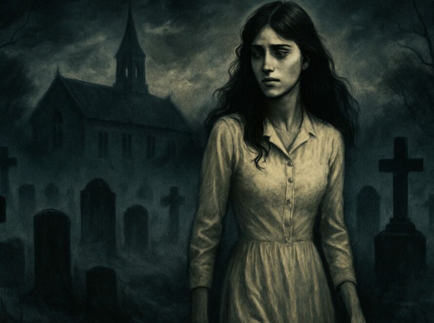 Ilustração da lenda A Dama do Cemitério, inspirada em um amor proibido entre catequista e padre em Barra Mansa.