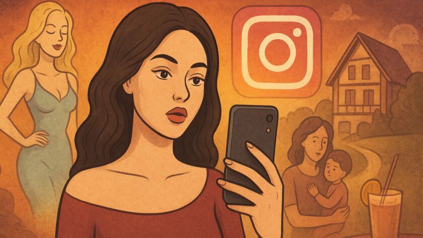 Ilustração em tons quentes mostrando uma mulher jovem olhando para o celular, com expressão neutra, em primeiro plano. Atrás dela aparecem uma influenciadora loira posando, o ícone do Instagram e uma paisagem com casa de campo, mãe com criança no colo e uma mesa com um drink. A composição contrasta vidas reais e cenários fabricados para redes sociais.