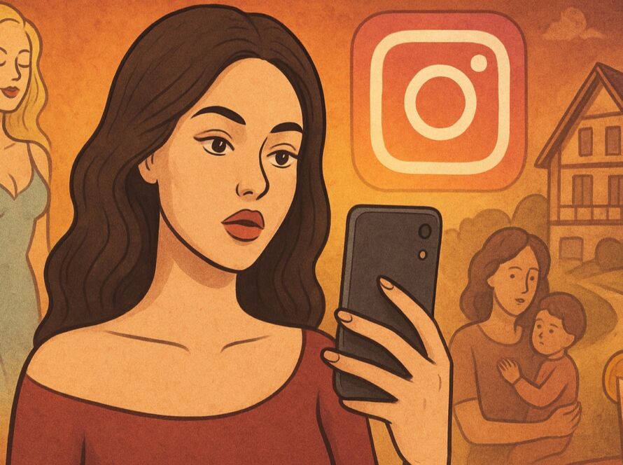 Ilustração em tons quentes mostrando uma mulher jovem olhando para o celular, com expressão neutra, em primeiro plano. Atrás dela aparecem uma influenciadora loira posando, o ícone do Instagram e uma paisagem com casa de campo, mãe com criança no colo e uma mesa com um drink. A composição contrasta vidas reais e cenários fabricados para redes sociais.
