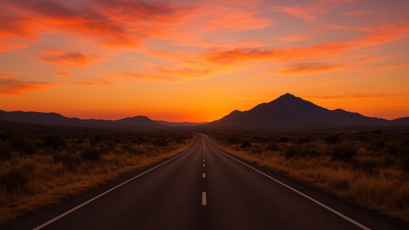 Estrada longa ao entardecer, iluminada por um pôr do sol dourado que colore o céu com tons de laranja e rosa; a pista vazia segue em direção a montanhas distantes, sugerindo liberdade, viagem e contemplação.