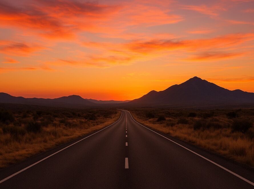 Estrada longa ao entardecer, iluminada por um pôr do sol dourado que colore o céu com tons de laranja e rosa; a pista vazia segue em direção a montanhas distantes, sugerindo liberdade, viagem e contemplação.