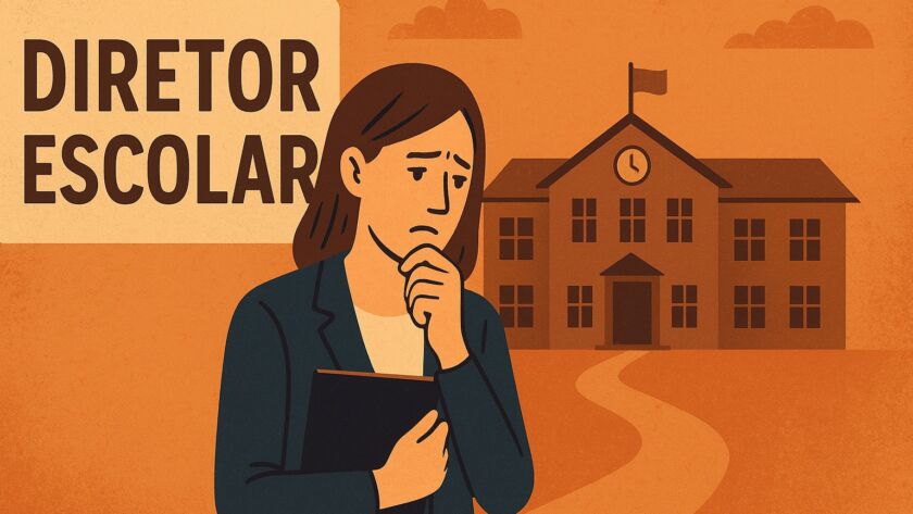Ilustração em estilo flat e tons terrosos mostra uma diretora escolar de expressão preocupada, segurando uma pasta contra o peito e com a outra mão no queixo. À esquerda, há uma placa com os dizeres “Diretor Escolar”. Ao fundo, vê-se um prédio de escola com bandeira no topo e um caminho sinuoso levando até ele. O ambiente transmite dúvida, responsabilidade e tensão diante do papel de liderança.