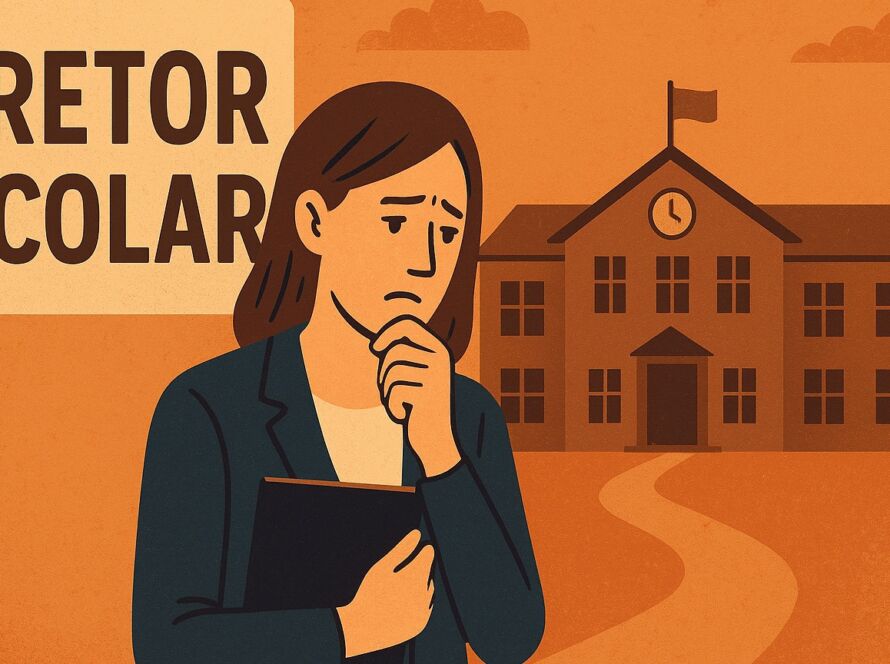 Ilustração em estilo flat e tons terrosos mostra uma diretora escolar de expressão preocupada, segurando uma pasta contra o peito e com a outra mão no queixo. À esquerda, há uma placa com os dizeres “Diretor Escolar”. Ao fundo, vê-se um prédio de escola com bandeira no topo e um caminho sinuoso levando até ele. O ambiente transmite dúvida, responsabilidade e tensão diante do papel de liderança.