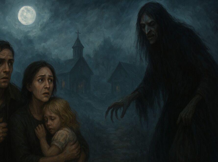 Ilustração em estilo semi-realista mostrando uma figura feminina de aparência reptiliana, inspirada na Cuca do folclore brasileiro. Ela surge em meio a uma névoa azulada, com olhos brilhantes e expressão enigmática, enquanto segura uma lamparina que ilumina parcialmente seu rosto. O ambiente é sombrio e mágico, remetendo a uma floresta à noite.