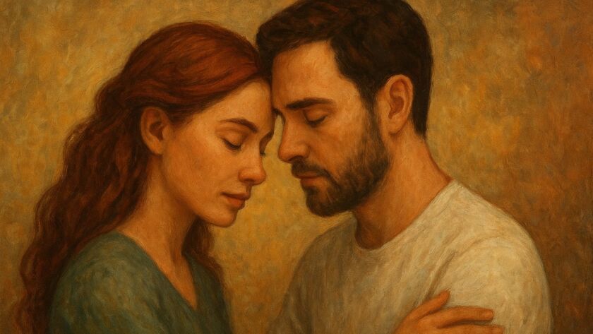 Ilustração em estilo pictórico mostrando um casal com as testas unidas, olhos fechados, transmitindo serenidade, intimidade e compromisso silencioso