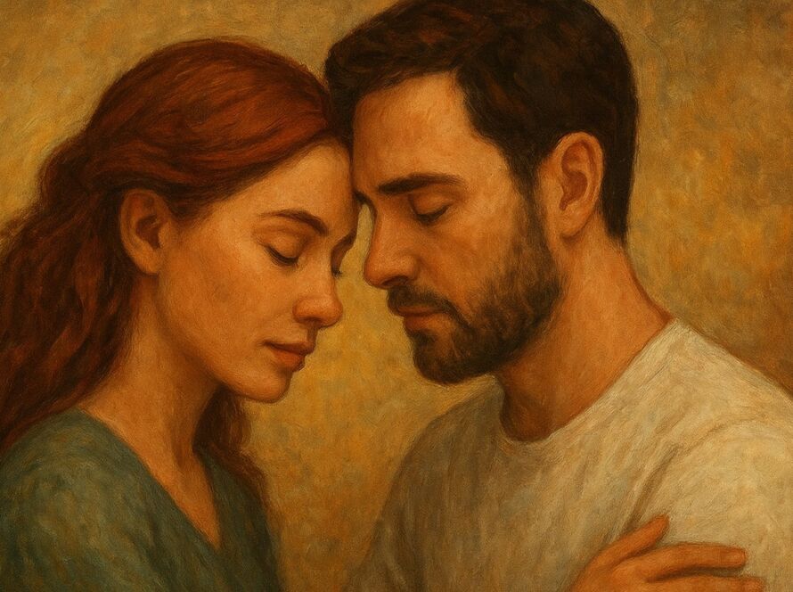 Ilustração em estilo pictórico mostrando um casal com as testas unidas, olhos fechados, transmitindo serenidade, intimidade e compromisso silencioso