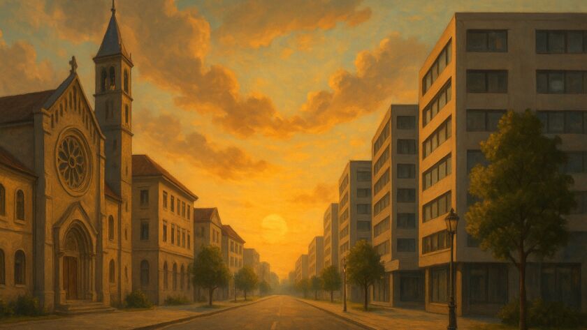 Paisagem urbana ao entardecer mostrando uma rua larga e vazia. À esquerda, prédios antigos e uma igreja com rosácea; à direita, edifícios modernos e geométricos. O sol se põe ao fundo, iluminando o céu com tons dourados e realçando o contraste entre a arquitetura clássica e a contemporânea.