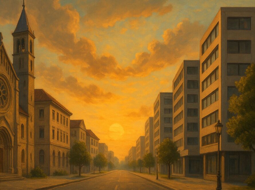 Paisagem urbana ao entardecer mostrando uma rua larga e vazia. À esquerda, prédios antigos e uma igreja com rosácea; à direita, edifícios modernos e geométricos. O sol se põe ao fundo, iluminando o céu com tons dourados e realçando o contraste entre a arquitetura clássica e a contemporânea.