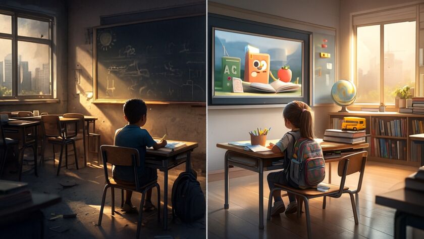 Imagem dividida ao meio comparando duas salas de aula: à esquerda, um menino sentado sozinho em uma sala pública escura e desgastada, com paredes rachadas, móveis antigos e pouca iluminação; à direita, uma menina em uma sala particular iluminada, moderna e colorida, equipada com materiais novos e uma tela digital. A composição evidencia o contraste entre as condições de ensino da escola pública e da escola privada.