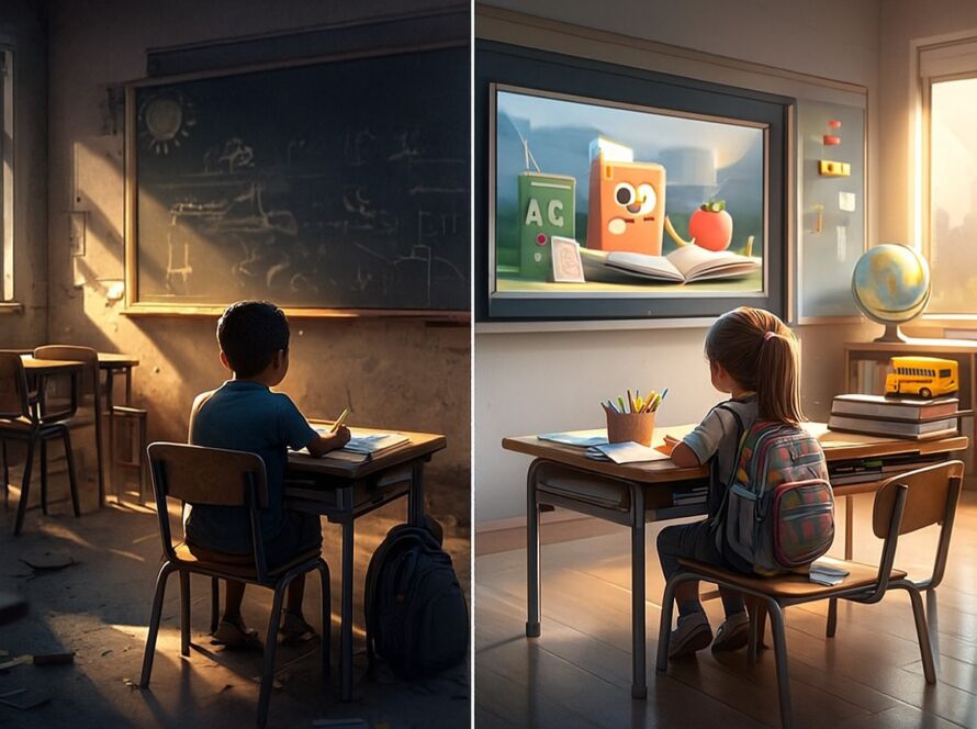 Imagem dividida ao meio comparando duas salas de aula: à esquerda, um menino sentado sozinho em uma sala pública escura e desgastada, com paredes rachadas, móveis antigos e pouca iluminação; à direita, uma menina em uma sala particular iluminada, moderna e colorida, equipada com materiais novos e uma tela digital. A composição evidencia o contraste entre as condições de ensino da escola pública e da escola privada.