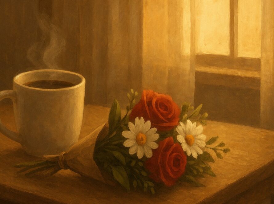 Romantismo no casamento representado por flores e café sobre a mesa