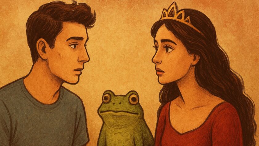 Ilustração em estilo clássico mostrando um homem e uma mulher sentados frente a frente, com um sapo entre eles. O homem observa a mulher com expressão curiosa, enquanto ela usa uma tiara dourada e mantém um olhar reflexivo. O fundo em tons quentes reforça o clima simbólico da cena, que remete à fábula da Princesa e o Sapo.