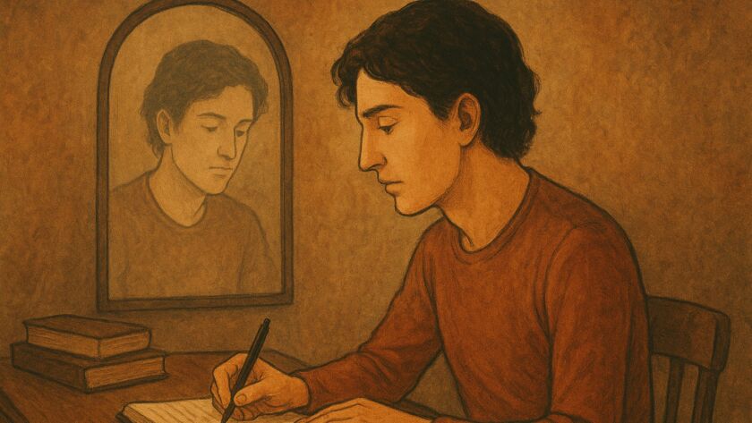 Ilustração em tons terrosos mostrando um homem jovem escrevendo em um caderno sobre uma mesa de madeira. À esquerda, um espelho emoldurado revela seu reflexo pensativo. O ambiente é simples e acolhedor, com livros empilhados ao fundo e iluminação suave que destaca a atmosfera introspectiva da cena.