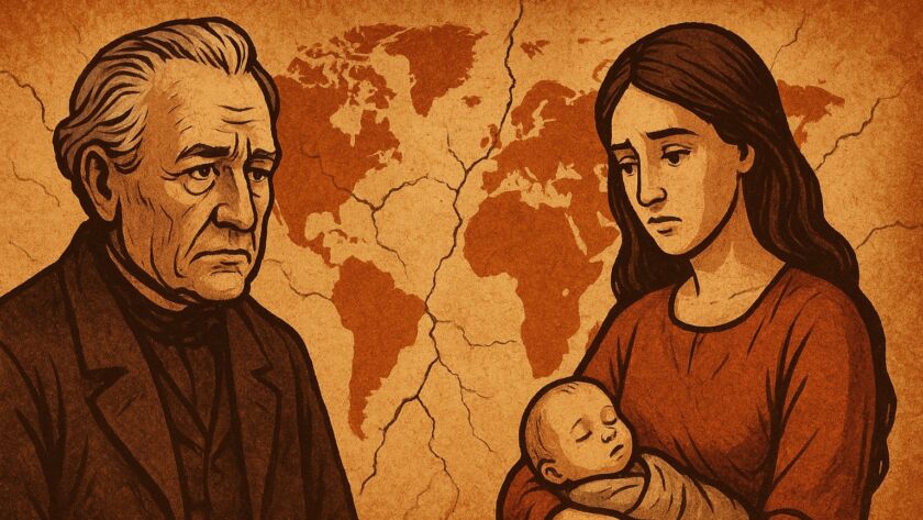 Ilustração em estilo vintage mostrando um idoso de expressão sombria à esquerda e, à direita, uma jovem mãe segurando um bebê adormecido. Ao fundo, um mapa-múndi em tons terrosos aparece rachado, simbolizando a fragilidade demográfica e social do Ocidente.
