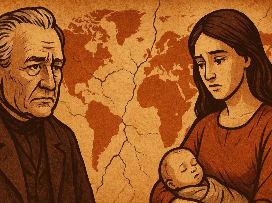 Ilustração em estilo vintage mostrando um idoso de expressão sombria à esquerda e, à direita, uma jovem mãe segurando um bebê adormecido. Ao fundo, um mapa-múndi em tons terrosos aparece rachado, simbolizando a fragilidade demográfica e social do Ocidente.