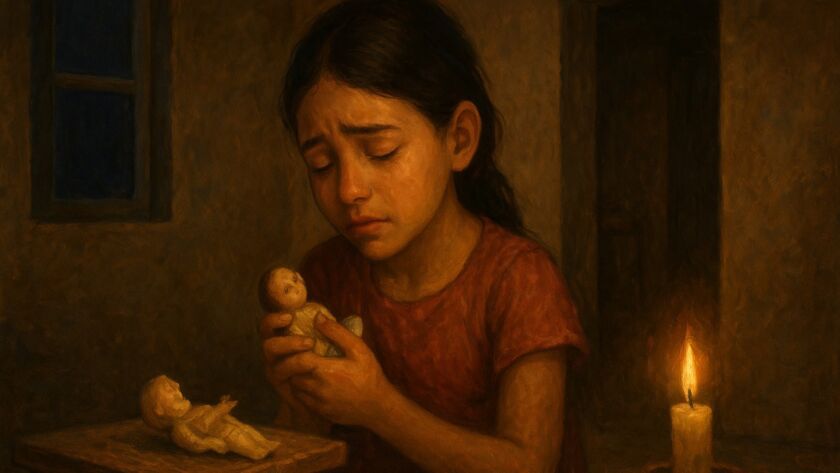 Pintura semirrealista de uma menina pobre sentada perto de uma janela simples, iluminada por uma luz suave. Ela veste roupas modestas e segura uma pequena flor branca entre os dedos. Ao fundo, vê-se um ambiente doméstico humilde, com paredes desgastadas e poucos objetos, sugerindo uma casa antiga e carente. A atmosfera transmite delicadeza, esperança e melancolia.