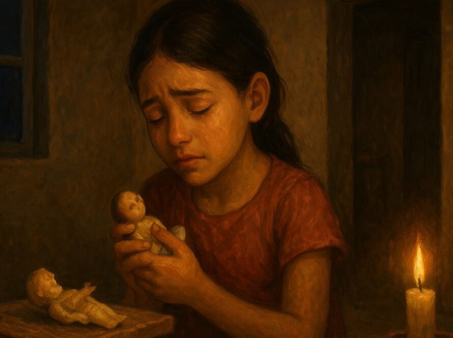 Pintura semirrealista de uma menina pobre sentada perto de uma janela simples, iluminada por uma luz suave. Ela veste roupas modestas e segura uma pequena flor branca entre os dedos. Ao fundo, vê-se um ambiente doméstico humilde, com paredes desgastadas e poucos objetos, sugerindo uma casa antiga e carente. A atmosfera transmite delicadeza, esperança e melancolia.