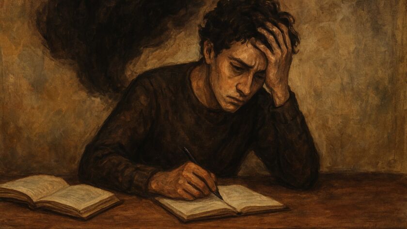 Pintura em tons terrosos mostrando um homem jovem sentado à mesa, escrevendo em um caderno. Ele apoia a cabeça na mão, com expressão de cansaço e preocupação. Atrás dele, uma mancha escura e difusa parece representar o peso de seus pensamentos. Um livro aberto repousa ao seu lado.