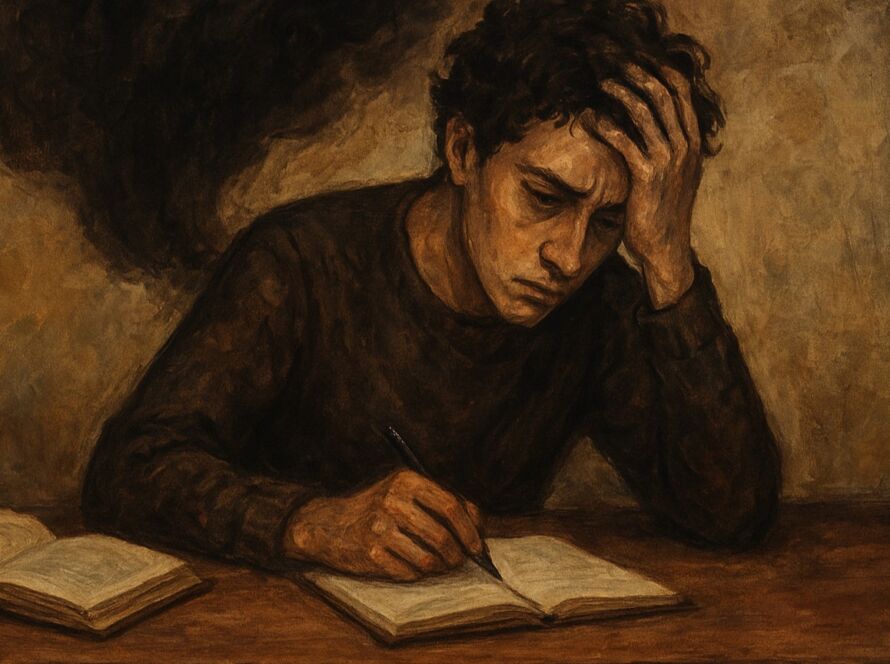 Pintura em tons terrosos mostrando um homem jovem sentado à mesa, escrevendo em um caderno. Ele apoia a cabeça na mão, com expressão de cansaço e preocupação. Atrás dele, uma mancha escura e difusa parece representar o peso de seus pensamentos. Um livro aberto repousa ao seu lado.