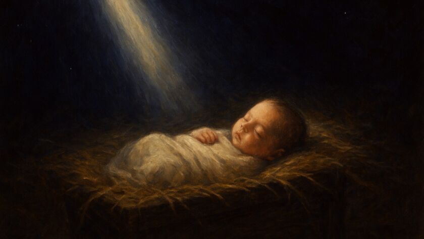 Uma cena noturna da Natividade com um feixe de luz suave descendo sobre o Menino Jesus, representando a “Luz inacessível” que se torna visível ao mundo.