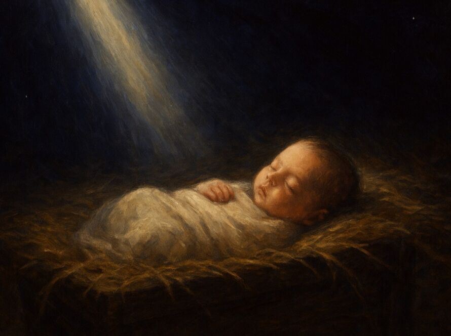 Uma cena noturna da Natividade com um feixe de luz suave descendo sobre o Menino Jesus, representando a “Luz inacessível” que se torna visível ao mundo.