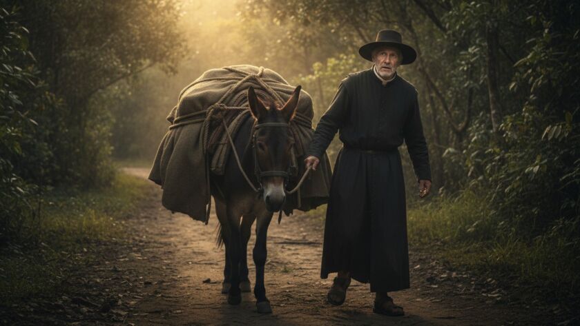 Padre Matias conduz pela Mantiqueira uma imagem de São Sebastião oca, carregando ouro oculto, em atmosfera colonial de tensão e religiosidade.