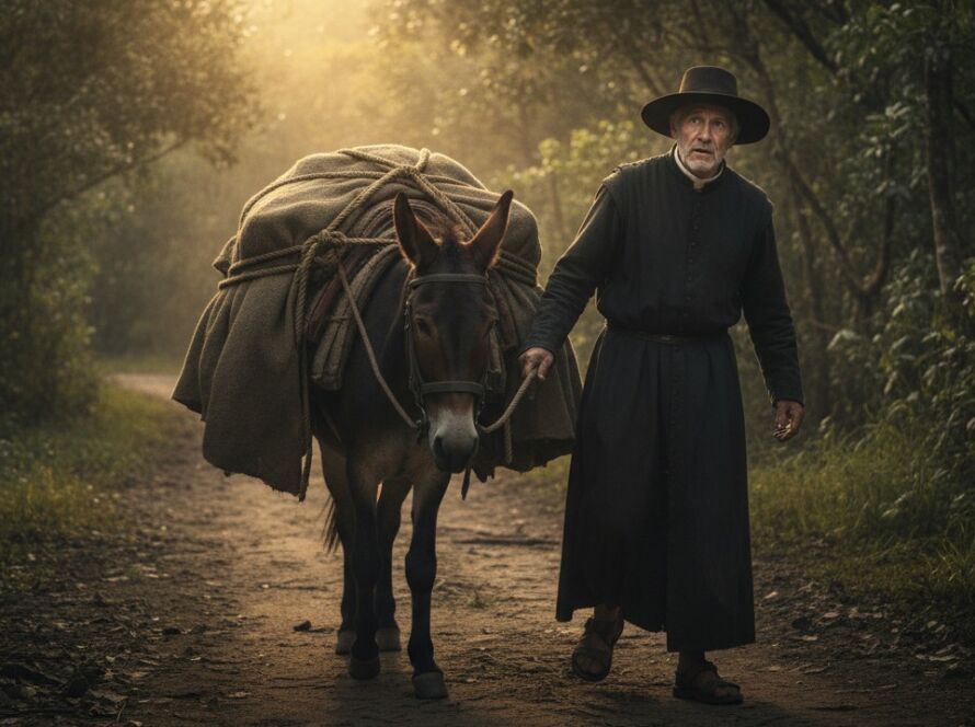 Padre Matias conduz pela Mantiqueira uma imagem de São Sebastião oca, carregando ouro oculto, em atmosfera colonial de tensão e religiosidade.