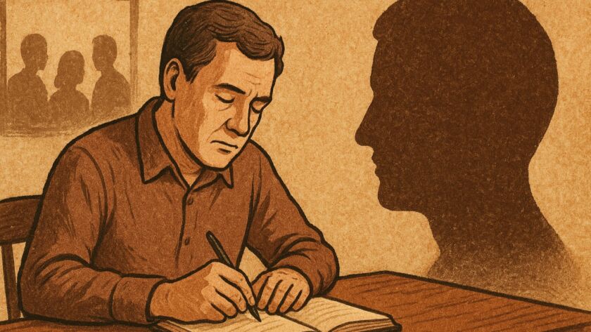 Ilustração em tons sépia mostrando um homem sentado à mesa, concentrado enquanto escreve em um caderno aberto. À esquerda, há um quadro com silhuetas de pessoas, e à direita aparece a sombra ampliada do perfil de um rosto, sugerindo reflexão e observação.