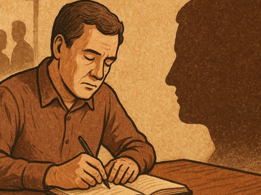 Ilustração em tons sépia mostrando um homem sentado à mesa, concentrado enquanto escreve em um caderno aberto. À esquerda, há um quadro com silhuetas de pessoas, e à direita aparece a sombra ampliada do perfil de um rosto, sugerindo reflexão e observação.