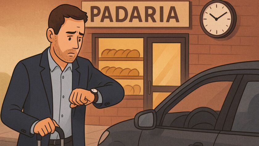 Ilustração de um homem preocupado olhando para o relógio em frente a uma padaria fechada ao amanhecer, segurando as chaves do carro enquanto espera a abertura do local.