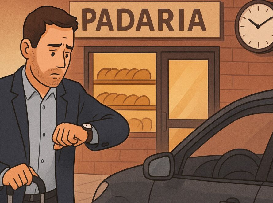 Ilustração de um homem preocupado olhando para o relógio em frente a uma padaria fechada ao amanhecer, segurando as chaves do carro enquanto espera a abertura do local.