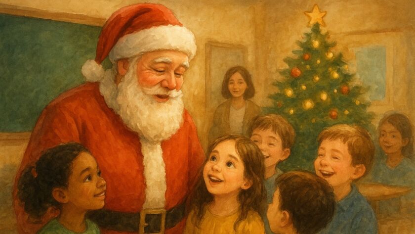 Homem vestido de Papai Noel sorri enquanto conversa com um grupo de crianças em sala de aula decorada para o Natal. As crianças, sorridentes e encantadas, o cercam com expressões de alegria. Ao fundo, uma professora observa a cena e um pinheiro iluminado completa o ambiente festivo.