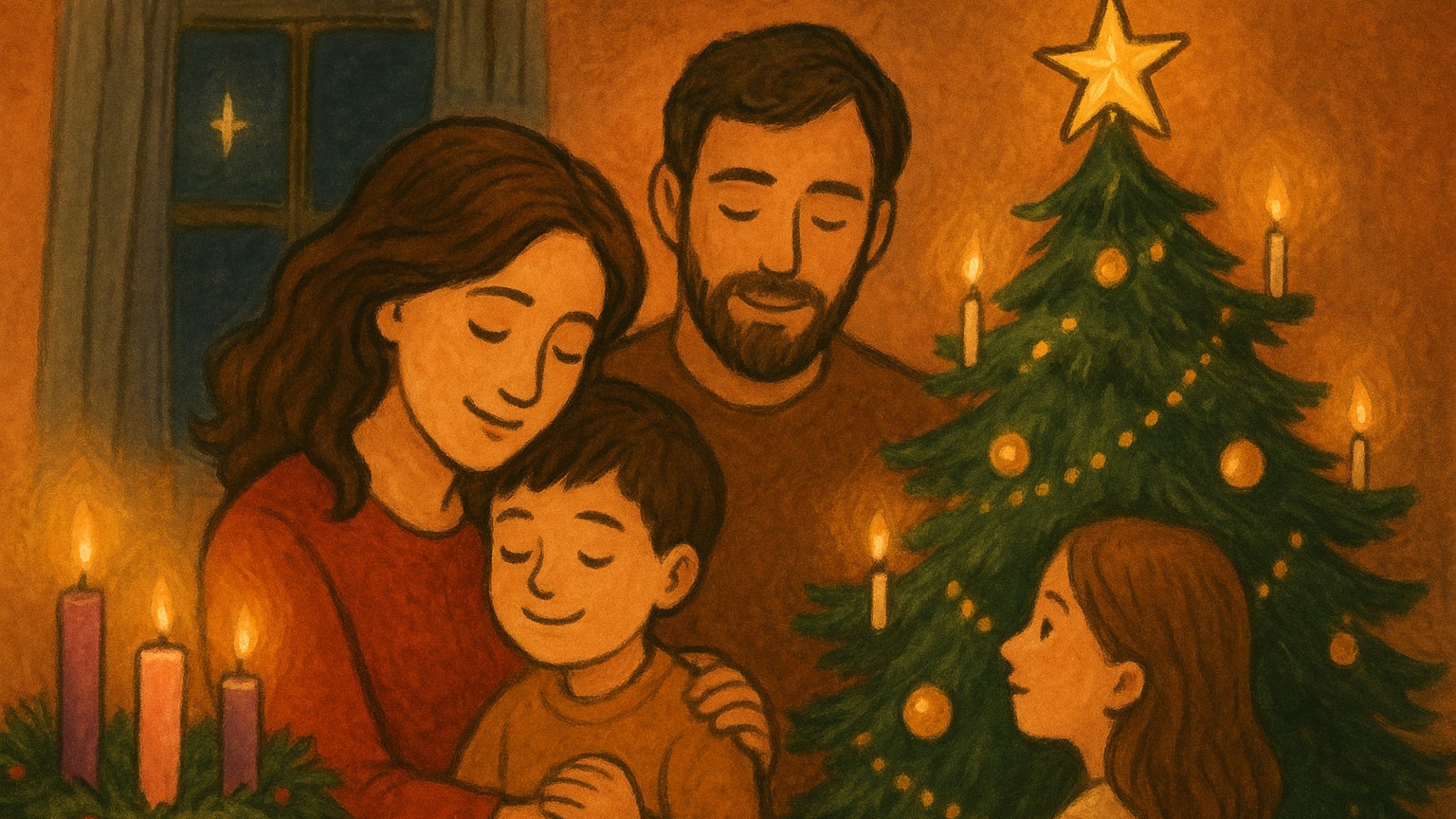 Família reunida em uma sala iluminada por luz quente, cercada por uma árvore de Natal decorada e uma coroa do Advento com velas acesas; pais e filhos compartilham um momento de afeto e serenidade.