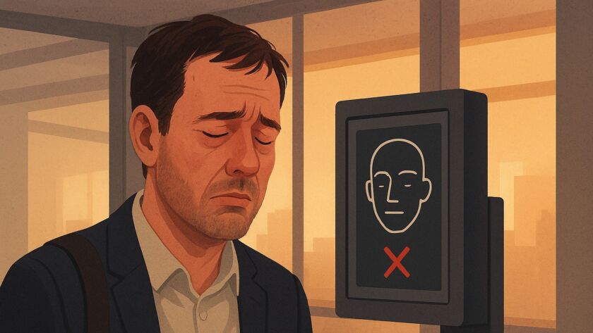 Um homem visivelmente cansado, de olhos semicerrados e expressão abatida, tenta passar por um dispositivo de reconhecimento facial em um prédio. A tela mostra um ícone de rosto com um ‘X’ vermelho indicando falha no reconhecimento, enquanto o ambiente ao fundo é iluminado por luz alaranjada de fim de tarde.