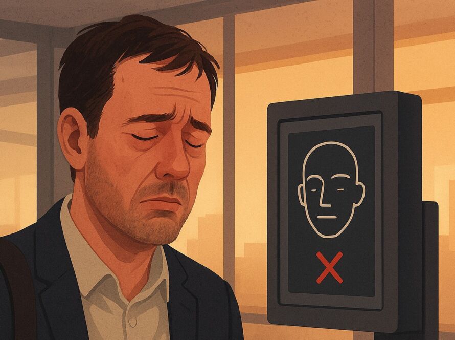 Um homem visivelmente cansado, de olhos semicerrados e expressão abatida, tenta passar por um dispositivo de reconhecimento facial em um prédio. A tela mostra um ícone de rosto com um ‘X’ vermelho indicando falha no reconhecimento, enquanto o ambiente ao fundo é iluminado por luz alaranjada de fim de tarde.