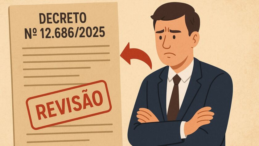 Ilustração digital mostrando uma professora diante de uma mesa com documentos e decretos espalhados. Ao fundo, vê-se um quadro-negro com símbolos de inclusão e educação. A professora observa, confusa, dois caminhos divergentes representados como setas opostas, simbolizando o vai-e-vem das políticas públicas. A paleta combina tons suaves de azul, amarelo e vermelho, criando contraste e destaque visual.