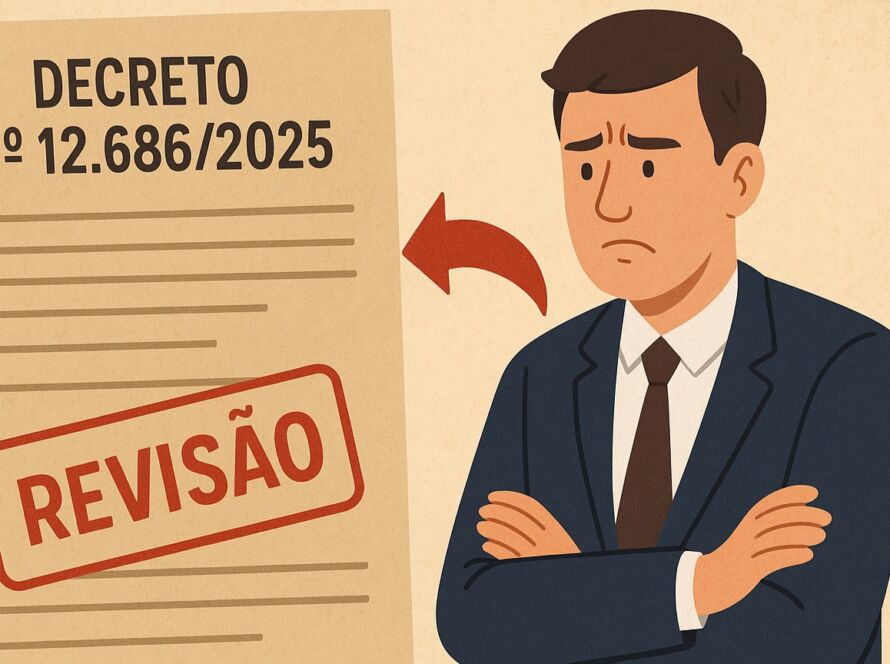 Ilustração digital mostrando uma professora diante de uma mesa com documentos e decretos espalhados. Ao fundo, vê-se um quadro-negro com símbolos de inclusão e educação. A professora observa, confusa, dois caminhos divergentes representados como setas opostas, simbolizando o vai-e-vem das políticas públicas. A paleta combina tons suaves de azul, amarelo e vermelho, criando contraste e destaque visual.