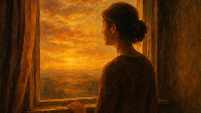 Mulher diante da janela olhando o horizonte ao crespúsculo.