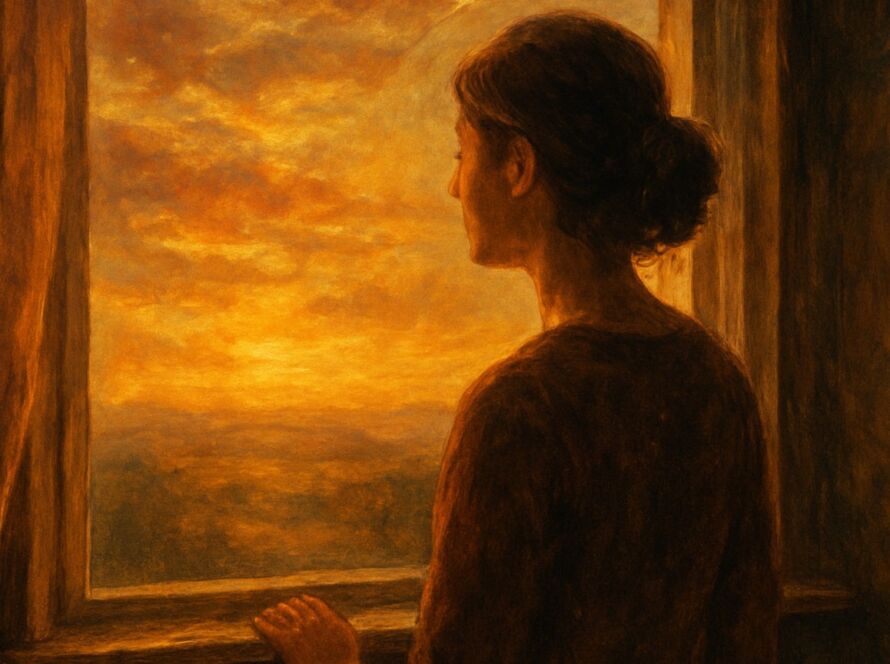 Mulher diante da janela olhando o horizonte ao crespúsculo.