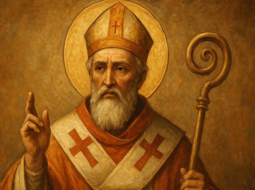 Ilustração de São Nicolau de Mira com vestes episcopais, segurando o báculo e fazendo gesto de bênção, em estilo de pintura tradicional.