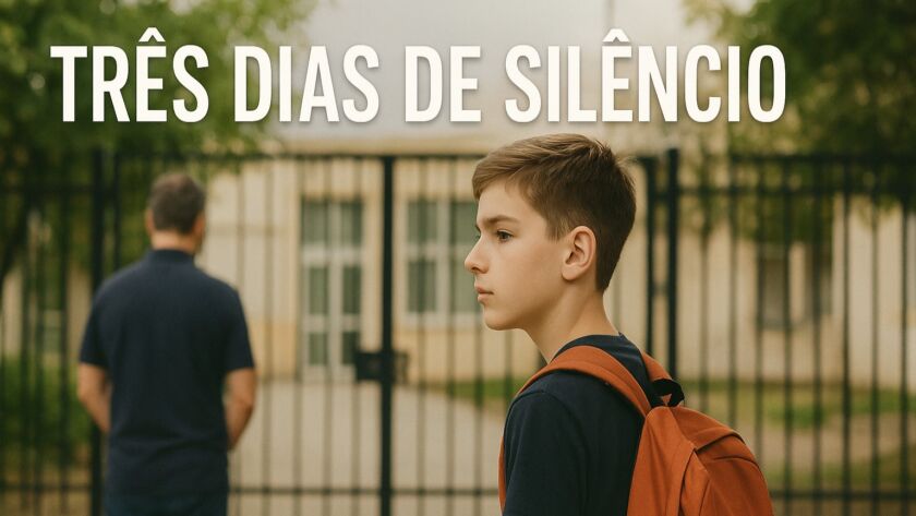 Um adolescente com mochila laranja olha para a distância em frente ao portão fechado da escola, enquanto um homem de costas observa o mesmo portão. A cena transmite a despedida e o sentimento de passagem do tempo.