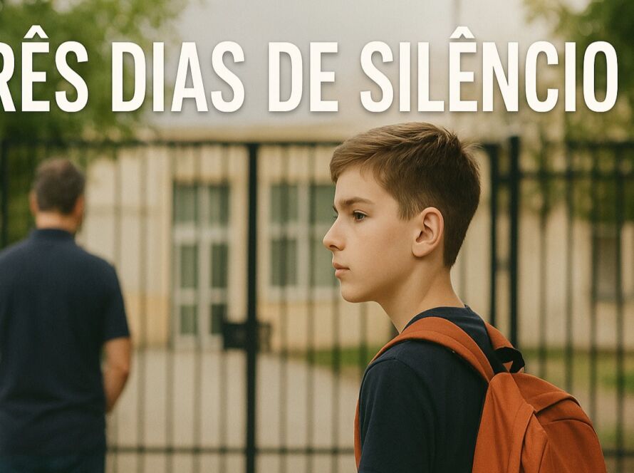 Um adolescente com mochila laranja olha para a distância em frente ao portão fechado da escola, enquanto um homem de costas observa o mesmo portão. A cena transmite a despedida e o sentimento de passagem do tempo.