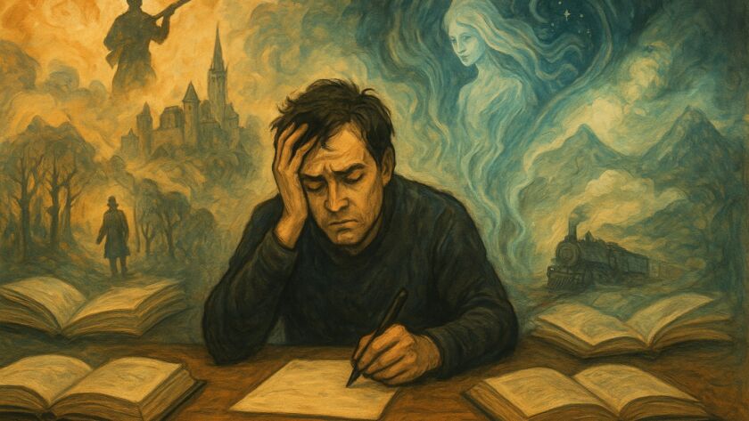 Ilustração de um escritor sentado à mesa, com expressão cansada e a mão na cabeça, segurando uma caneta sobre uma folha em branco. Ao redor dele, livros abertos e, atrás, cenas fantásticas surgem como névoas coloridas: à esquerda, um soldado e uma cidade antiga; à direita, a figura etérea de uma mulher e um trem a vapor avançando por montanhas. A imagem simboliza a sobrecarga criativa e os múltiplos mundos imaginários que ocupam a mente do autor.