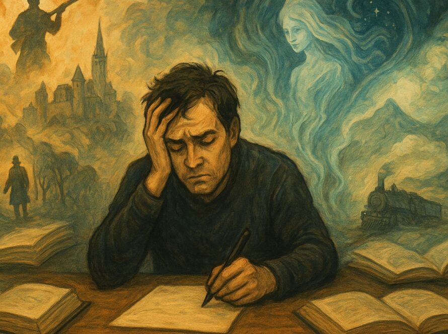 Ilustração de um escritor sentado à mesa, com expressão cansada e a mão na cabeça, segurando uma caneta sobre uma folha em branco. Ao redor dele, livros abertos e, atrás, cenas fantásticas surgem como névoas coloridas: à esquerda, um soldado e uma cidade antiga; à direita, a figura etérea de uma mulher e um trem a vapor avançando por montanhas. A imagem simboliza a sobrecarga criativa e os múltiplos mundos imaginários que ocupam a mente do autor.