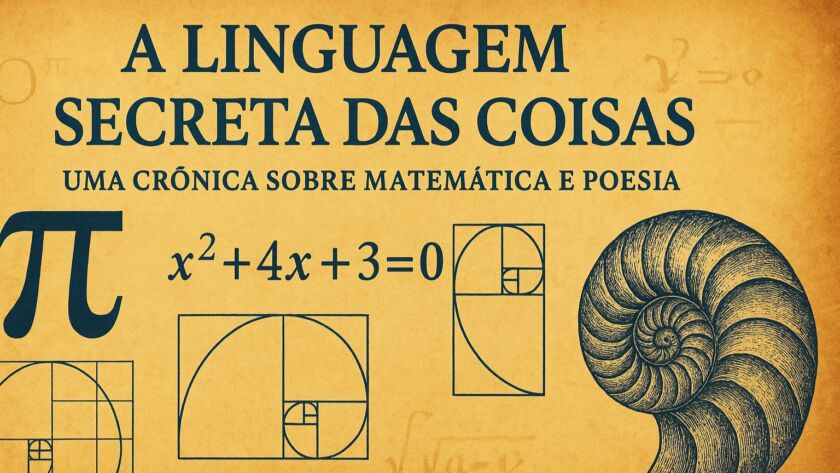 Ilustração em formato 16:9 com fundo amarelo envelhecido, semelhante a papel antigo. No centro, o título “A LINGUAGEM SECRETA DAS COISAS” aparece em letras grandes azul-escuras, seguido do subtítulo “Uma crônica sobre matemática e poesia”. Espalhados pela imagem, há símbolos e formas matemáticas: o número π, a equação x² + 4x + 3 = 0, vários retângulos de proporção áurea com espirais de Fibonacci e, à direita, um grande desenho detalhado de uma concha em espiral. A composição integra elementos visuais de matemática e natureza, criando uma atmosfera estética e contemplativa.
